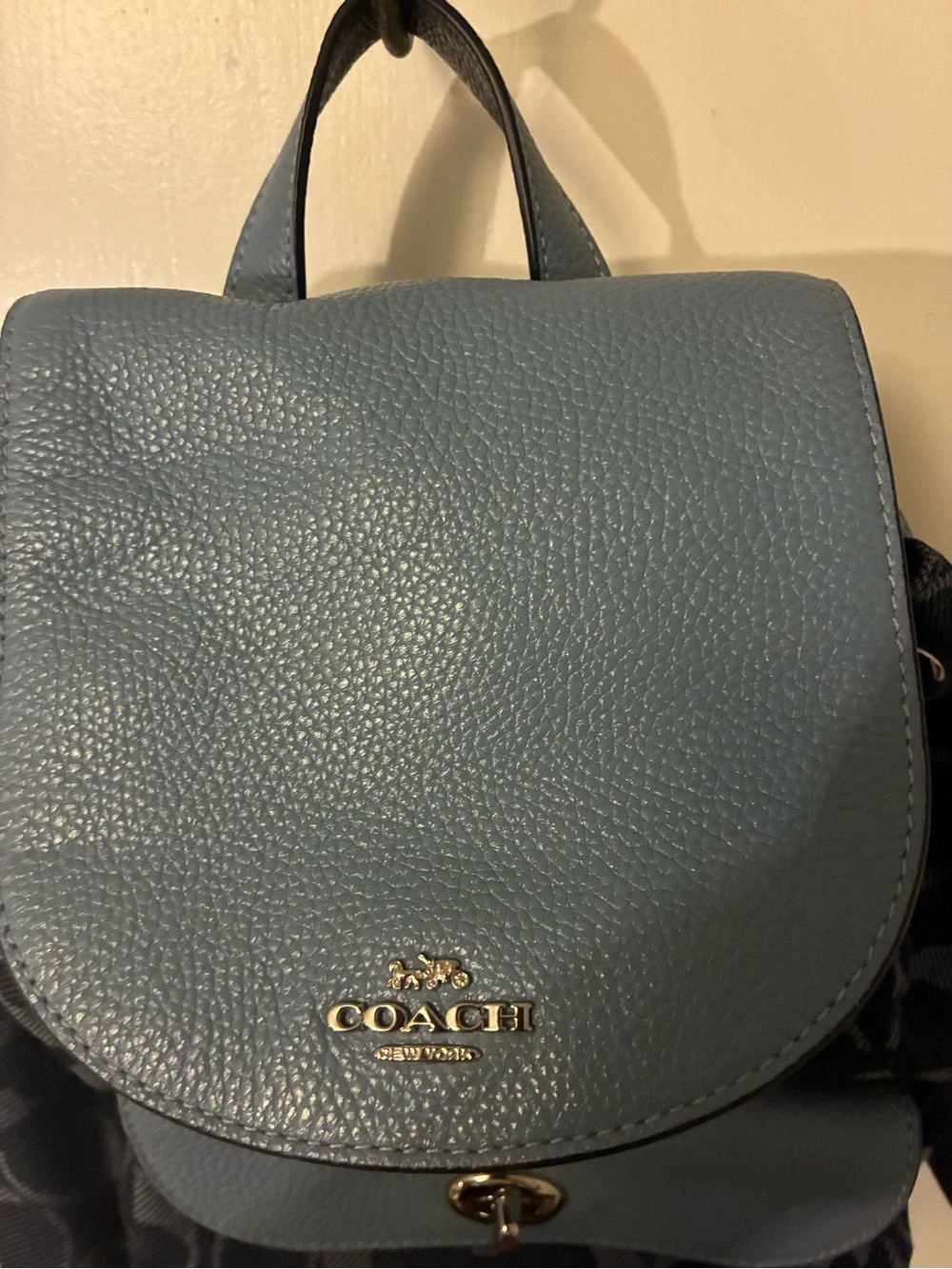 Coach Signature Canvas Backpack with Light Blue Leather Trim